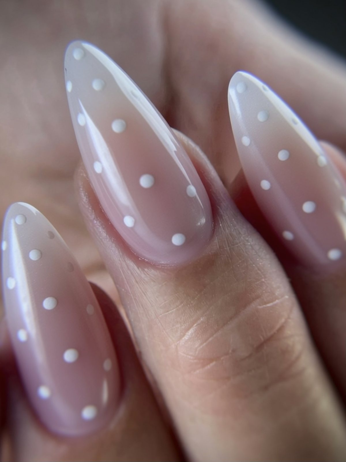 Lange naturel amandelnagels met witte stippen