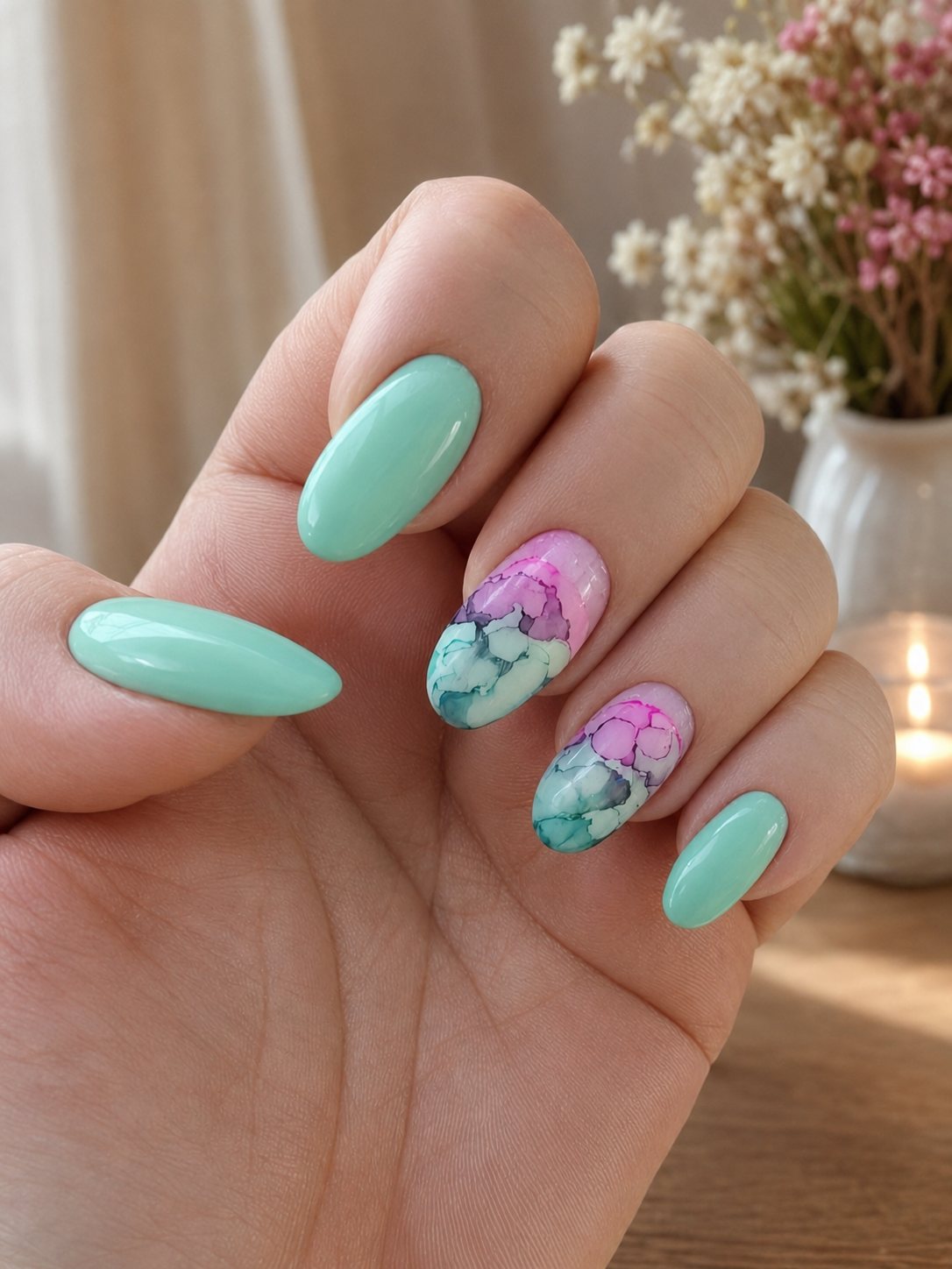Mintgroene nagels, twee met roze en groene marmer-nailart